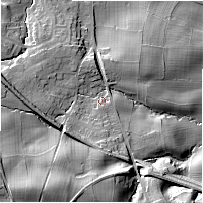 Shaded relief map of the ground around LS297BW, computed from Environment Agency LiDAR. The ground here sits at about 85 m above sea level and falls 38 m across the surrounding 800 m. Surface water reaching this point runs off ground lying to the south, 13.8 m higher.