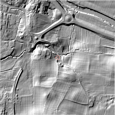 Shaded relief map of the ground around LS297DY, computed from Environment Agency LiDAR. The ground here sits at about 64 m above sea level and falls 26 m across the surrounding 800 m. Surface water reaching this point runs off ground lying to the south, 8.1 m higher.
