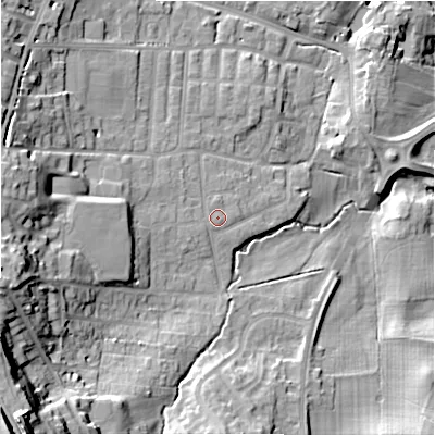 Shaded relief map of the ground around LS297EW, computed from Environment Agency LiDAR. The ground here sits at about 73 m above sea level and falls 42 m across the surrounding 800 m. Surface water reaching this point runs off ground lying to the south-west, 0.6 m higher.