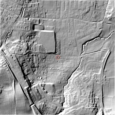 Shaded relief map of the ground around LS297PN, computed from Environment Agency LiDAR. The ground here sits at about 75 m above sea level and falls 37 m across the surrounding 800 m. Surface water reaching this point runs off ground lying to the west, 23.1 m higher.