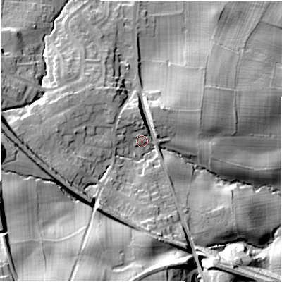Shaded relief map of the ground around LS297PZ, computed from Environment Agency LiDAR. The ground here sits at about 84 m above sea level and falls 37 m across the surrounding 800 m. Surface water reaching this point runs off ground lying to the south-west, 26.1 m higher.