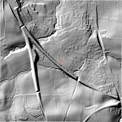 Shaded relief map of the ground around LS297QD, computed from Environment Agency LiDAR. The ground here sits at about 90 m above sea level and falls 37 m across the surrounding 800 m. Surface water reaching this point runs off ground lying to the west-north-west, 6.3 m higher.