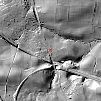 Shaded relief map of the ground around LS297QN, computed from Environment Agency LiDAR. The ground here sits at about 87 m above sea level and falls 45 m across the surrounding 800 m. Surface water reaching this point runs off ground lying to the south-south-east, 21.3 m higher.