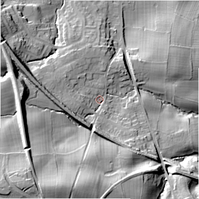 Shaded relief map of the ground around LS297QQ, computed from Environment Agency LiDAR. The ground here sits at about 85 m above sea level and falls 37 m across the surrounding 800 m. Surface water reaching this point runs off ground lying to the south-south-west, 23.9 m higher.