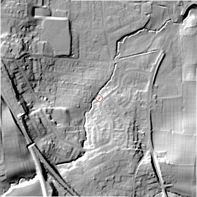 Shaded relief map of the ground around LS297RQ, computed from Environment Agency LiDAR. The ground here sits at about 77 m above sea level and falls 37 m across the surrounding 800 m. Surface water reaching this point runs off ground lying to the west-south-west, 27.4 m higher.
