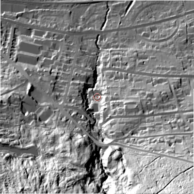 Shaded relief map of the ground around LS298AH, computed from Environment Agency LiDAR. The ground here sits at about 123 m above sea level and falls 136 m across the surrounding 800 m. Surface water reaching this point runs off ground lying to the south-east, 23.5 m higher.