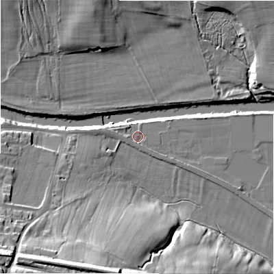 Shaded relief map of the ground around LS298AN, computed from Environment Agency LiDAR. The ground here sits at about 68 m above sea level and falls 30 m across the surrounding 800 m. Surface water reaching this point runs off ground lying to the west, 1.4 m higher.