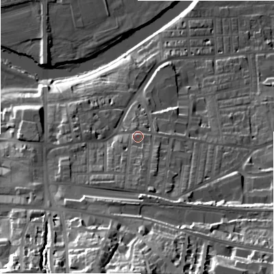 Shaded relief map of the ground around LS298AX, computed from Environment Agency LiDAR. The ground here sits at about 86 m above sea level and falls 47 m across the surrounding 800 m. Surface water reaching this point runs off ground lying to the south-south-west, 8.4 m higher.