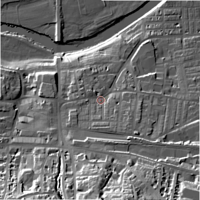 Shaded relief map of the ground around LS298DS, computed from Environment Agency LiDAR. The ground here sits at about 86 m above sea level and falls 52 m across the surrounding 800 m. Surface water reaching this point runs off ground lying to the south-south-east, 8.4 m higher.