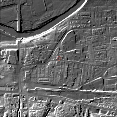 Shaded relief map of the ground around LS298EA, computed from Environment Agency LiDAR. The ground here sits at about 85 m above sea level and falls 43 m across the surrounding 800 m. Surface water reaching this point runs off ground lying to the south, 8.2 m higher.