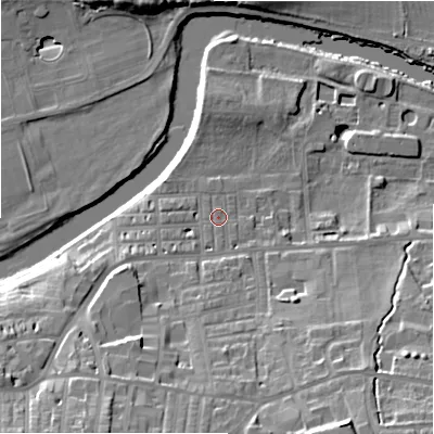 Shaded relief map of the ground around LS298EJ, computed from Environment Agency LiDAR. The ground here sits at about 75 m above sea level and falls 24 m across the surrounding 800 m. Surface water reaching this point runs off ground lying to the south-south-west, 1.4 m higher.