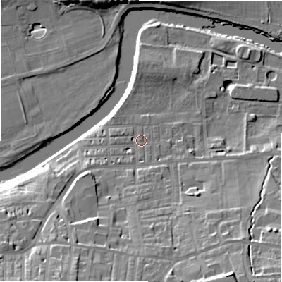 Shaded relief map of the ground around LS298EN, computed from Environment Agency LiDAR. The ground here sits at about 75 m above sea level and falls 24 m across the surrounding 800 m. Surface water reaching this point runs off ground lying to the south-west, 16.4 m higher.
