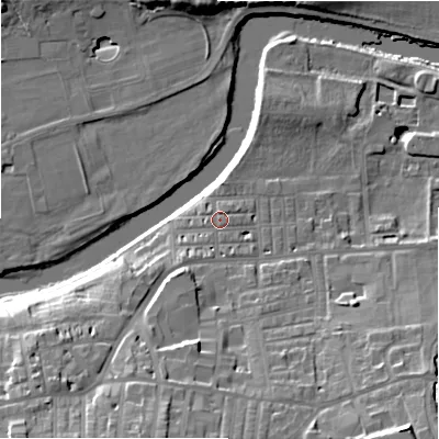 Shaded relief map of the ground around LS298EP, computed from Environment Agency LiDAR. The ground here sits at about 76 m above sea level and falls 24 m across the surrounding 800 m. Surface water reaching this point runs off ground lying to the south-south-west, 1.8 m higher.