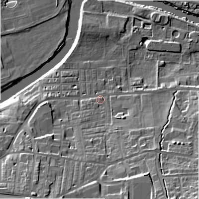 Shaded relief map of the ground around LS298EQ, computed from Environment Agency LiDAR. The ground here sits at about 77 m above sea level and falls 29 m across the surrounding 800 m. Surface water reaching this point runs off ground lying to the south-south-east, 16.5 m higher.