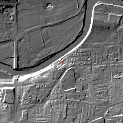 Shaded relief map of the ground around LS298ER, computed from Environment Agency LiDAR. The ground here sits at about 74 m above sea level and falls 25 m across the surrounding 800 m. Surface water reaching this point runs off ground lying to the south-south-west, 8.8 m higher.