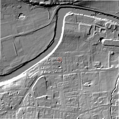 Shaded relief map of the ground around LS298EW, computed from Environment Agency LiDAR. The ground here sits at about 75 m above sea level and falls 23 m across the surrounding 800 m. Surface water reaching this point runs off ground lying to the south-south-west, 15.4 m higher.