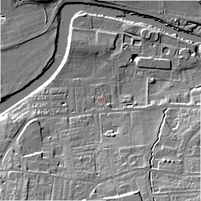 Shaded relief map of the ground around LS298EX, computed from Environment Agency LiDAR. The ground here sits at about 75 m above sea level and falls 24 m across the surrounding 800 m. Surface water reaching this point runs off ground lying to the south-south-east, 15.7 m higher.