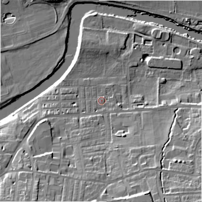 Shaded relief map of the ground around LS298EY, computed from Environment Agency LiDAR. The ground here sits at about 75 m above sea level and falls 25 m across the surrounding 800 m. Surface water reaching this point runs off ground lying to the south-south-east, 15.1 m higher.