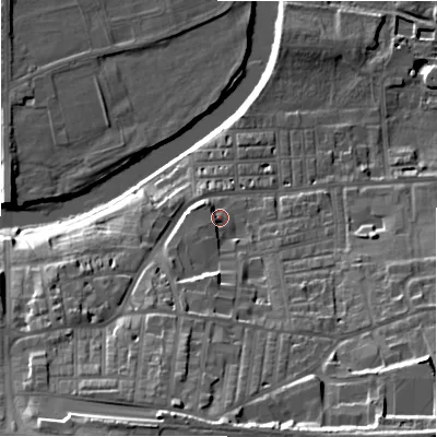 Shaded relief map of the ground around LS298EZ, computed from Environment Agency LiDAR. The ground here sits at about 79 m above sea level and falls 30 m across the surrounding 800 m. Surface water reaching this point runs off ground lying to the south-west, 5.0 m higher.