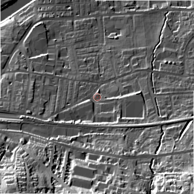 Shaded relief map of the ground around LS298FL, computed from Environment Agency LiDAR. The ground here sits at about 87 m above sea level and falls 57 m across the surrounding 800 m. Surface water reaching this point runs off ground lying to the south-east, 9.7 m higher.