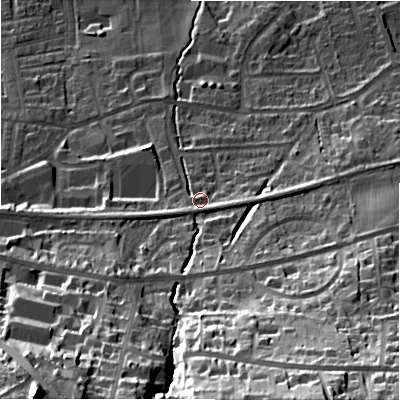 Shaded relief map of the ground around LS298FP, computed from Environment Agency LiDAR. The ground here sits at about 93 m above sea level and falls 60 m across the surrounding 800 m. Surface water reaching this point runs off ground lying to the south-south-east, 42.9 m higher.