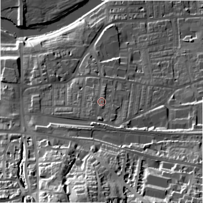 Shaded relief map of the ground around LS298HR, computed from Environment Agency LiDAR. The ground here sits at about 90 m above sea level and falls 57 m across the surrounding 800 m. Surface water reaching this point runs off ground lying to the south, 7.0 m higher.