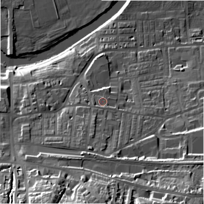 Shaded relief map of the ground around LS298HX, computed from Environment Agency LiDAR. The ground here sits at about 84 m above sea level and falls 43 m across the surrounding 800 m. Surface water reaching this point runs off ground lying to the south-south-west, 4.2 m higher.