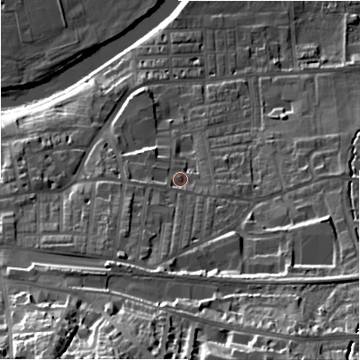 Shaded relief map of the ground around LS298HZ, computed from Environment Agency LiDAR. The ground here sits at about 84 m above sea level and falls 45 m across the surrounding 800 m. Surface water reaching this point runs off ground lying to the south-south-west, 11.9 m higher.