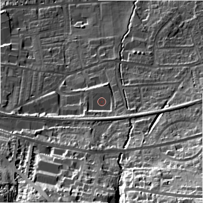 Shaded relief map of the ground around LS298JB, computed from Environment Agency LiDAR. The ground here sits at about 90 m above sea level and falls 56 m across the surrounding 800 m. Surface water reaching this point runs off ground lying to the south-east, 5.5 m higher.