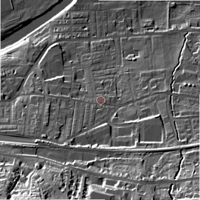 Shaded relief map of the ground around LS298JF, computed from Environment Agency LiDAR. The ground here sits at about 85 m above sea level and falls 49 m across the surrounding 800 m. Surface water reaching this point runs off ground lying to the south-south-west, 3.6 m higher.