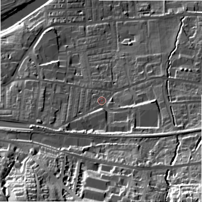 Shaded relief map of the ground around LS298JG, computed from Environment Agency LiDAR. The ground here sits at about 86 m above sea level and falls 56 m across the surrounding 800 m. Surface water reaching this point runs off ground lying to the south-east, 9.4 m higher.