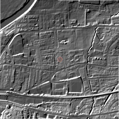 Shaded relief map of the ground around LS298JH, computed from Environment Agency LiDAR. The ground here sits at about 82 m above sea level and falls 40 m across the surrounding 800 m. Surface water reaching this point runs off ground lying to the south-south-east, 3.1 m higher.