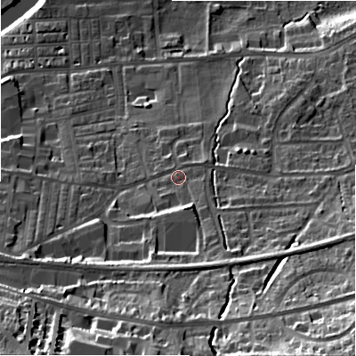 Shaded relief map of the ground around LS298JJ, computed from Environment Agency LiDAR. The ground here sits at about 85 m above sea level and falls 45 m across the surrounding 800 m. Surface water reaching this point runs off ground lying to the south-south-east, 10.9 m higher.
