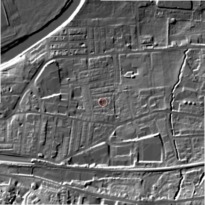Shaded relief map of the ground around LS298JL, computed from Environment Agency LiDAR. The ground here sits at about 82 m above sea level and falls 41 m across the surrounding 800 m. Surface water reaching this point runs off ground lying to the south-south-west, 3.8 m higher.