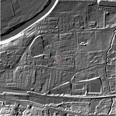 Shaded relief map of the ground around LS298JN, computed from Environment Agency LiDAR. The ground here sits at about 82 m above sea level and falls 43 m across the surrounding 800 m. Surface water reaching this point runs off ground lying to the south-south-west, 14.4 m higher.