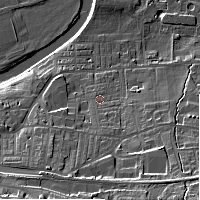 Shaded relief map of the ground around LS298JP, computed from Environment Agency LiDAR. The ground here sits at about 80 m above sea level and falls 35 m across the surrounding 800 m. Surface water reaching this point runs off ground lying to the south, 5.8 m higher.