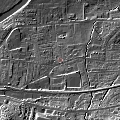 Shaded relief map of the ground around LS298JQ, computed from Environment Agency LiDAR. The ground here sits at about 84 m above sea level and falls 46 m across the surrounding 800 m. Surface water reaching this point runs off ground lying to the south, 1.8 m higher.