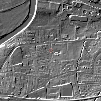 Shaded relief map of the ground around LS298JR, computed from Environment Agency LiDAR. The ground here sits at about 77 m above sea level and falls 30 m across the surrounding 800 m. Surface water reaching this point runs off ground lying to the south-south-west, 18.9 m higher.