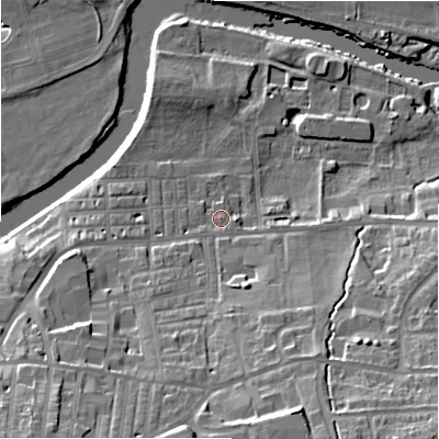 Shaded relief map of the ground around LS298JS, computed from Environment Agency LiDAR. The ground here sits at about 75 m above sea level and falls 25 m across the surrounding 800 m. Surface water reaching this point runs off ground lying to the south-south-east, 15.3 m higher.