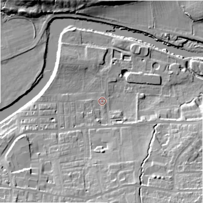 Shaded relief map of the ground around LS298JT, computed from Environment Agency LiDAR. The ground here sits at about 74 m above sea level and falls 22 m across the surrounding 800 m. Surface water reaching this point runs off ground lying to the south-east, 14.9 m higher.