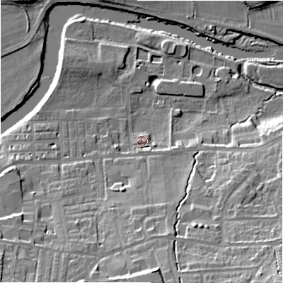 Shaded relief map of the ground around LS298JU, computed from Environment Agency LiDAR. The ground here sits at about 75 m above sea level and falls 26 m across the surrounding 800 m. Surface water reaching this point runs off ground lying to the south-south-east, 2.1 m higher.