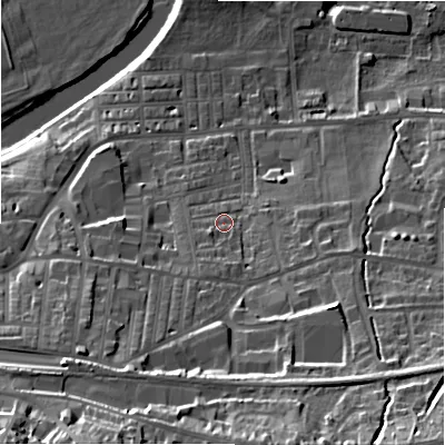 Shaded relief map of the ground around LS298JW, computed from Environment Agency LiDAR. The ground here sits at about 81 m above sea level and falls 41 m across the surrounding 800 m. Surface water reaching this point runs off ground lying to the south-south-west, 4.8 m higher.