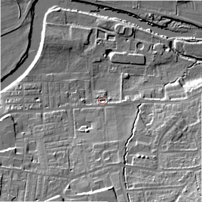 Shaded relief map of the ground around LS298JX, computed from Environment Agency LiDAR. The ground here sits at about 74 m above sea level and falls 27 m across the surrounding 800 m. Surface water reaching this point runs off ground lying to the south, 15.5 m higher.