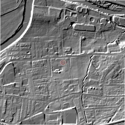 Shaded relief map of the ground around LS298JY, computed from Environment Agency LiDAR. The ground here sits at about 77 m above sea level and falls 29 m across the surrounding 800 m. Surface water reaching this point runs off ground lying to the south, 6.4 m higher.