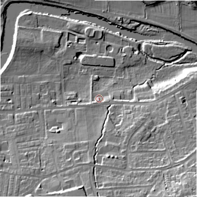 Shaded relief map of the ground around LS298JZ, computed from Environment Agency LiDAR. The ground here sits at about 75 m above sea level and falls 29 m across the surrounding 800 m. Surface water reaching this point runs off ground lying to the south-west, 2.8 m higher.