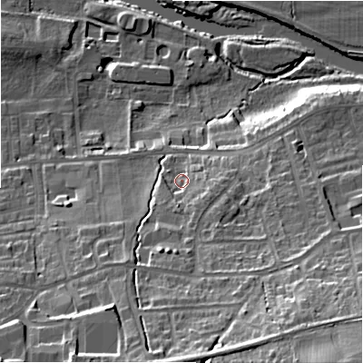 Shaded relief map of the ground around LS298LA, computed from Environment Agency LiDAR. The ground here sits at about 78 m above sea level and falls 33 m across the surrounding 800 m. Surface water reaching this point runs off ground lying to the south, 7.3 m higher.