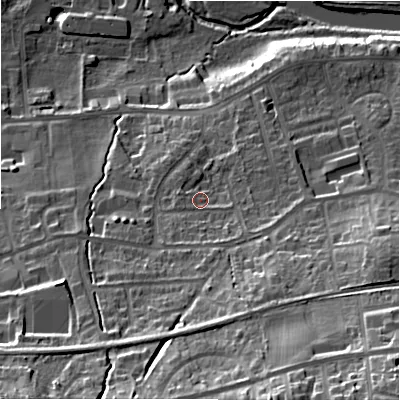 Shaded relief map of the ground around LS298LE, computed from Environment Agency LiDAR. The ground here sits at about 83 m above sea level and falls 43 m across the surrounding 800 m. Surface water reaching this point runs off ground lying to the south-south-east, 3.4 m higher.