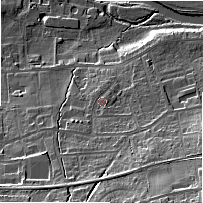 Shaded relief map of the ground around LS298LF, computed from Environment Agency LiDAR. The ground here sits at about 83 m above sea level and falls 40 m across the surrounding 800 m. Surface water reaching this point runs off ground lying to the south-east, 24.4 m higher.