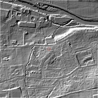 Shaded relief map of the ground around LS298LN, computed from Environment Agency LiDAR. The ground here sits at about 79 m above sea level and falls 33 m across the surrounding 800 m. Surface water reaching this point runs off ground lying to the south, 3.5 m higher.