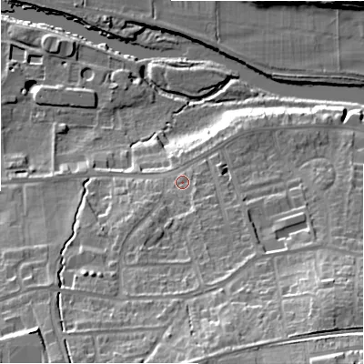 Shaded relief map of the ground around LS298LW, computed from Environment Agency LiDAR. The ground here sits at about 80 m above sea level and falls 34 m across the surrounding 800 m. Surface water reaching this point runs off ground lying to the south-south-east, 3.8 m higher.